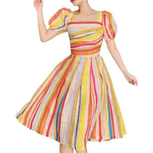 MR WATER Colorful Watercolor Lantern Sleeve Midi Dress S